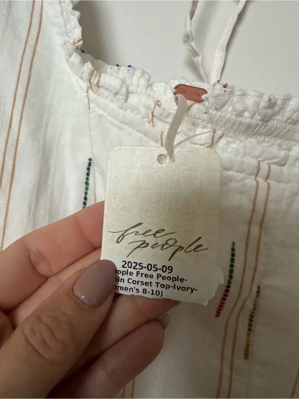 Free People Cream Peasant Top with Multi-Color Stripe Embroidery